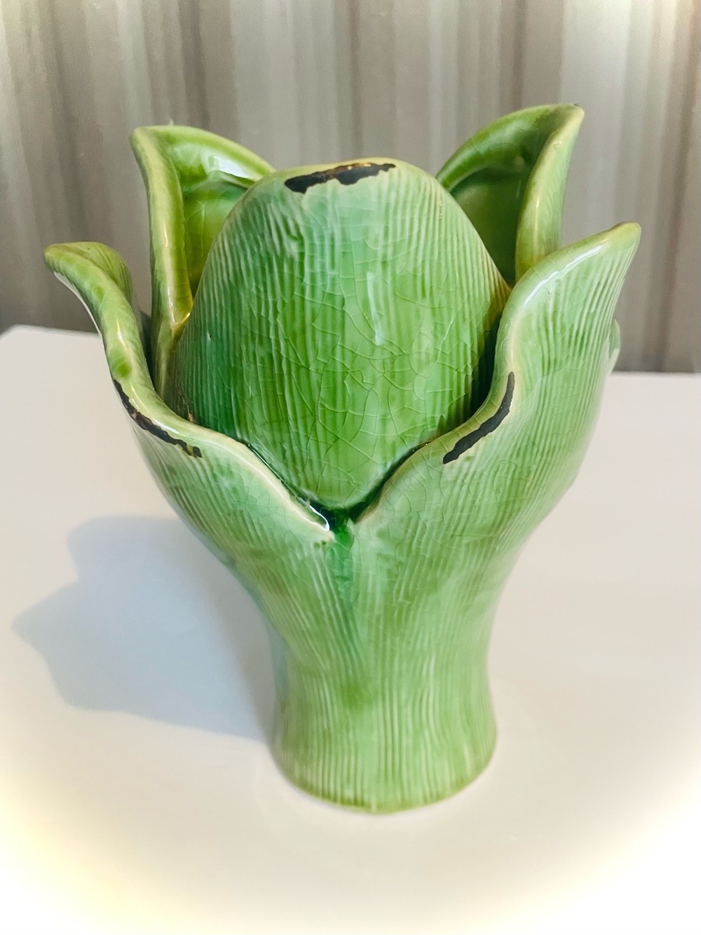 RARE Green Cabbage Leaf Asparagus Porcelain Flower Vase Majolica Style 7-1/2”